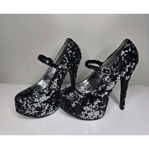 Pleaser Bordello Black Silver Sequin Heels Maryjane Stripper Platform Dancer 6